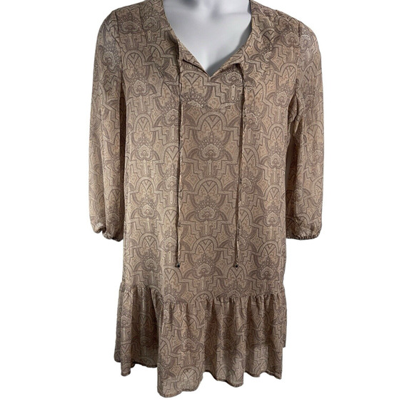 Rose & Olive Dresses & Skirts - Rose & Olive Size Large Lined Dress Earth Tones Ruffle Drop Hem Semi Sheer Slves